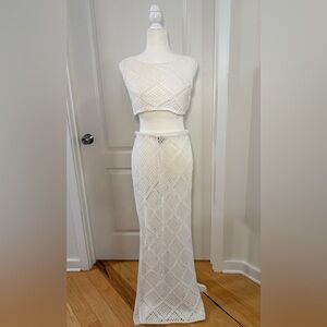 NWOT PrettyLittleThing White Crochet Bikini Cover Up Set, Crop Top & Skirt, US 6